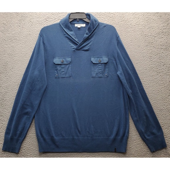 Calvin Klein Sweater Mens‎ XL Blue Tight Knit Detail Pocket Shawl Neck Pullover - Picture 1 of 7